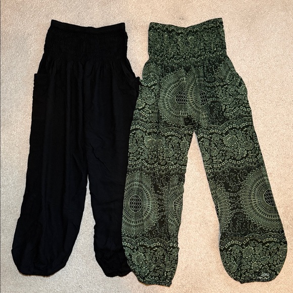 tranquil threads Pants - Women's Wide Leg Boho Pants - Black and Green Patterned